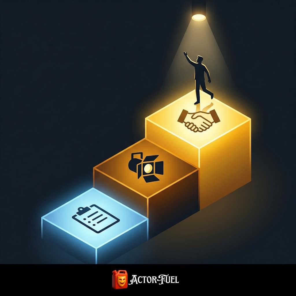 Conceptual illustration showing three ascending steps labeled before, during, and after, with an actor figure climbing toward a spotlight