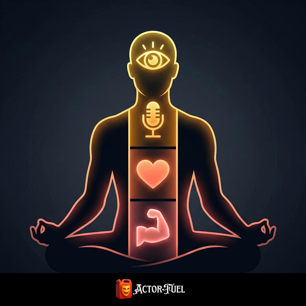 Conceptual illustration of an actor's silhouette filled with icons representing voice, body, emotion, and focus training