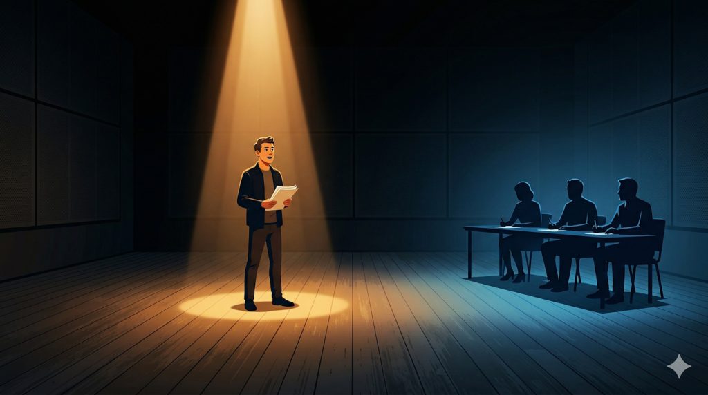 Illustration of an actor standing confidently in an audition room facing a casting table, with bold light streaming from behind
