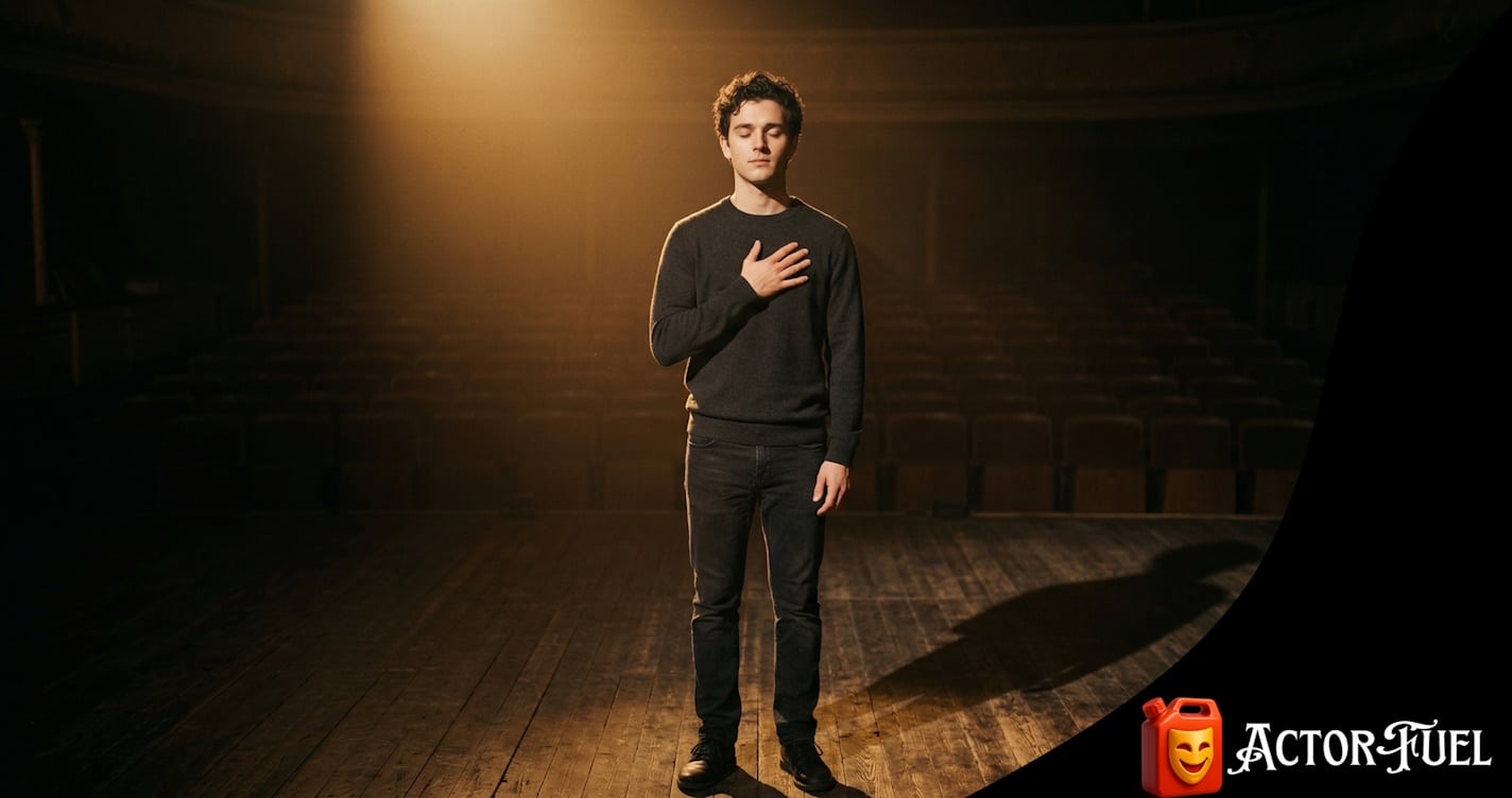 Actor standing alone on a dimly lit stage, eyes closed, one hand on their chest, radiating quiet inner confidence before a performance