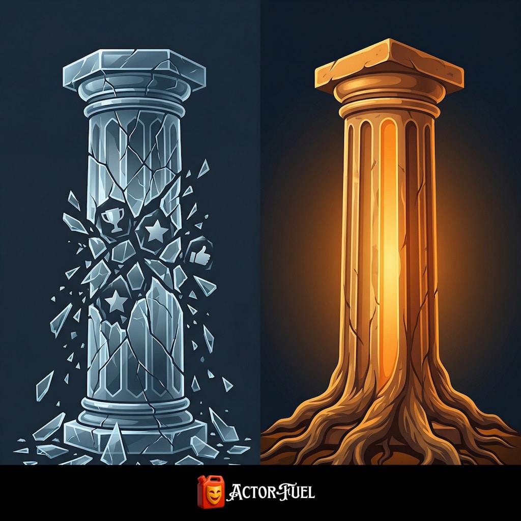 Conceptual illustration of two pillars side by side — one cracked and crumbling labeled with external symbols, one solid and glowing from within