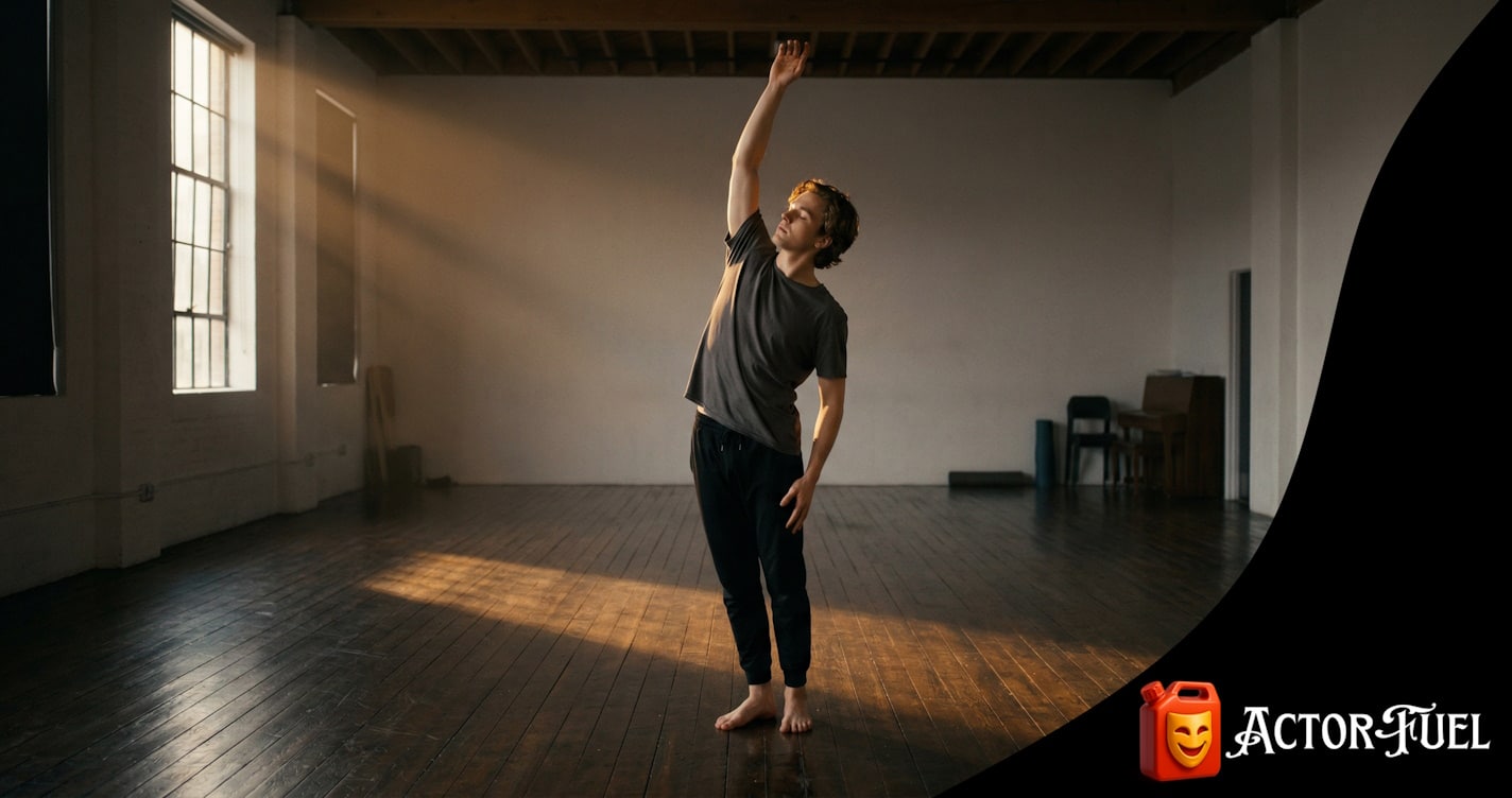 Actor stretching alone in a dimly lit rehearsal room, preparing for a performance with focused determination