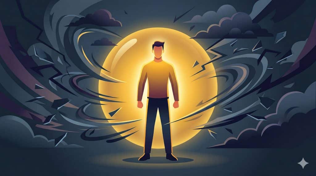 Illustration of an actor surrounded by a warm inner glow standing steady while storm-like shapes swirl around them, representing pressure and doubt