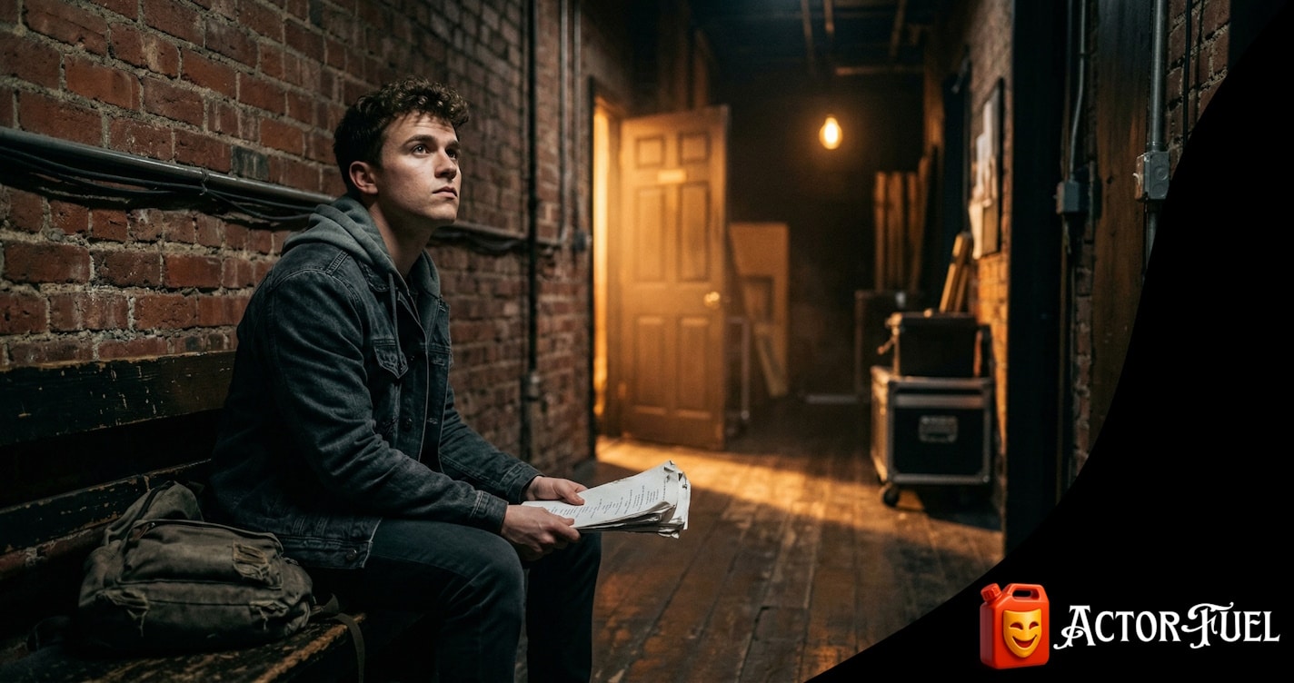 Young actor sitting backstage in a corridor, reviewing sides under warm overhead light before an audition