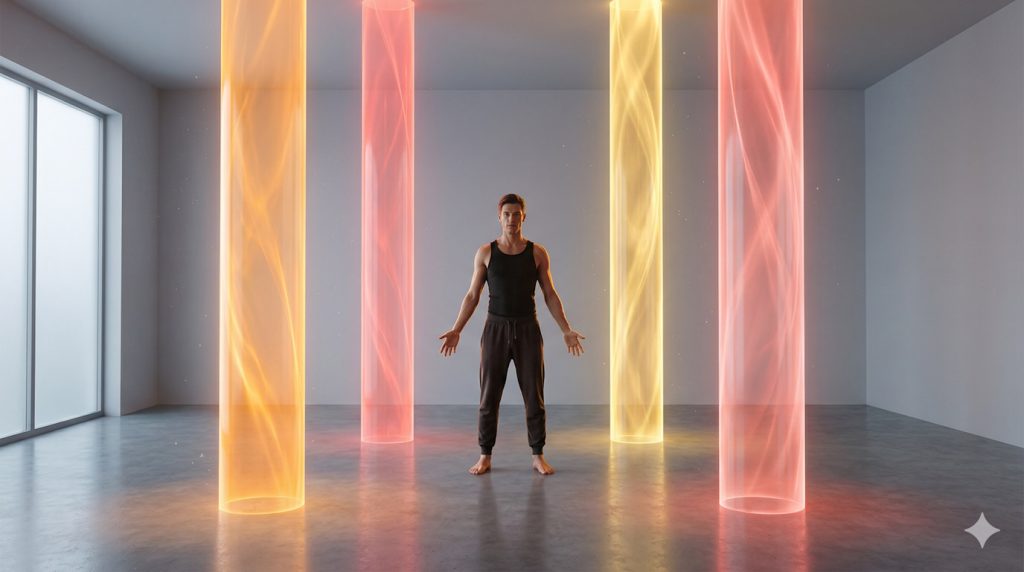 Illustration of an actor practicing movement exercises at home, with four glowing pillars representing the areas of solo training