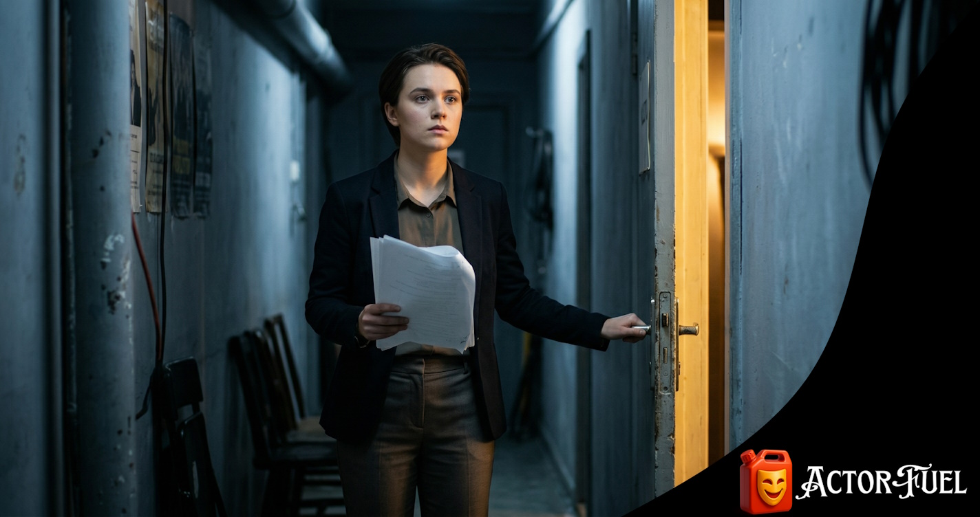 Young actor standing backstage before their first audition, script in hand, looking toward the light of the audition room door with determination