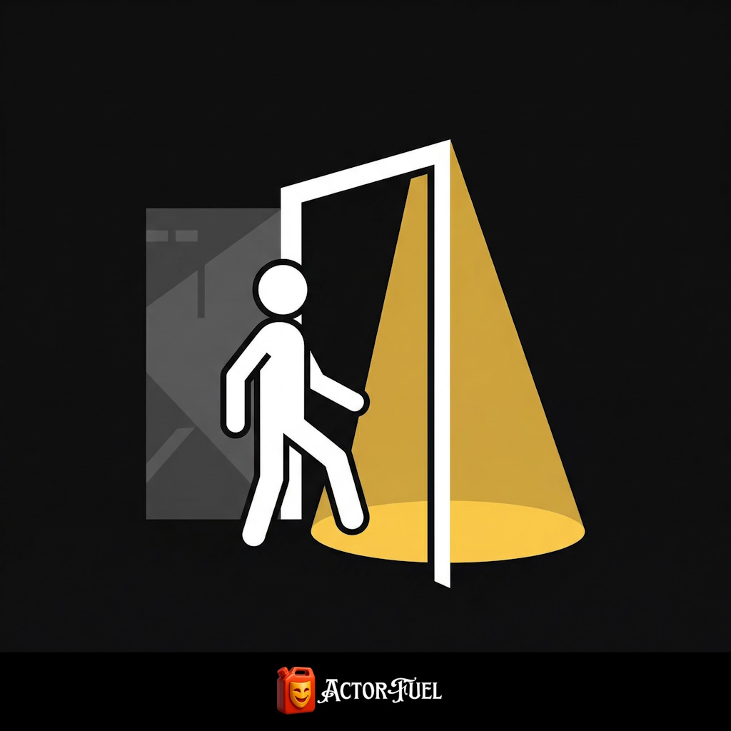 Conceptual illustration of a single stick figure stepping through a doorway from darkness into a brightly lit stage, representing the first step into acting for beginners adults