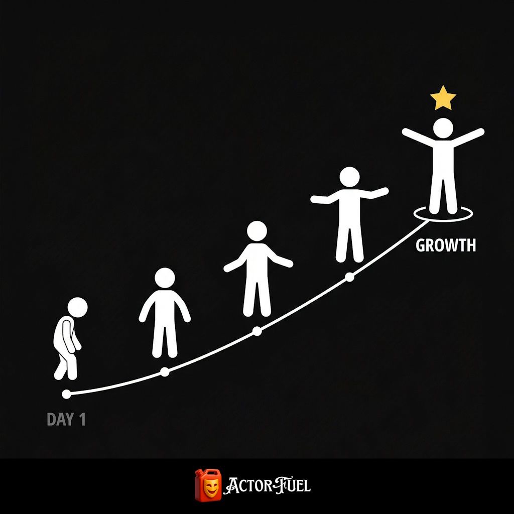 Conceptual illustration of a small stick figure stepping onto a stage, growing taller with each step, representing growth in an acting class for kids