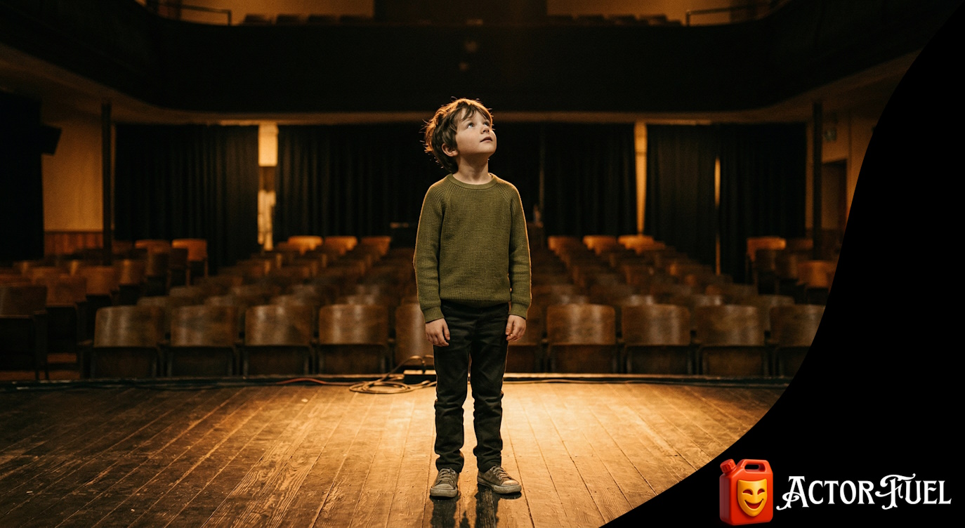 Acting Classes for Kids: A Parent’s Complete Guide - Young child performing on a small theater stage with dramatic warm spotlight, looking upward with wonder and confidence