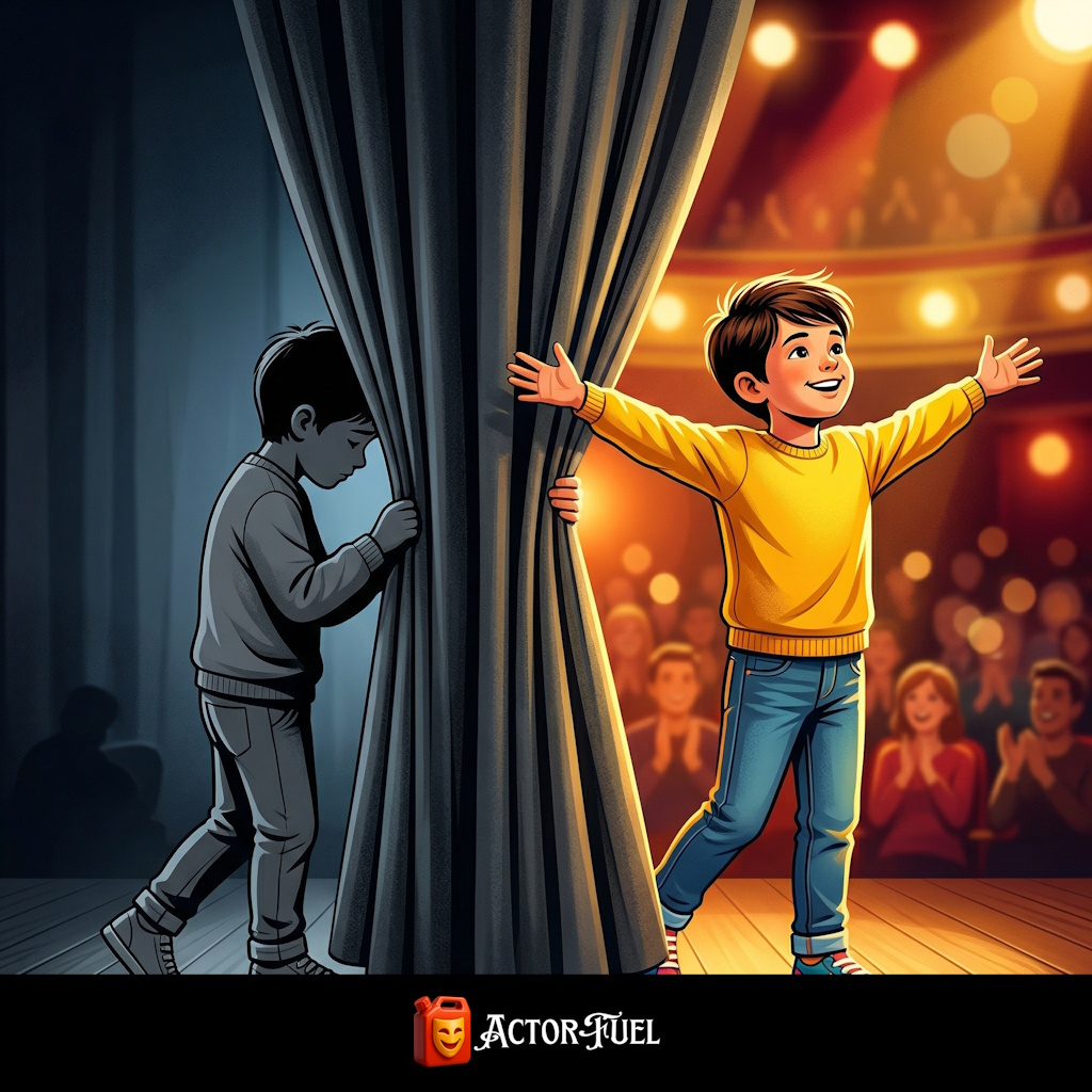 Conceptual illustration of a shy child’s silhouette stepping through a theater curtain and emerging on the other side as a confident performer in full color