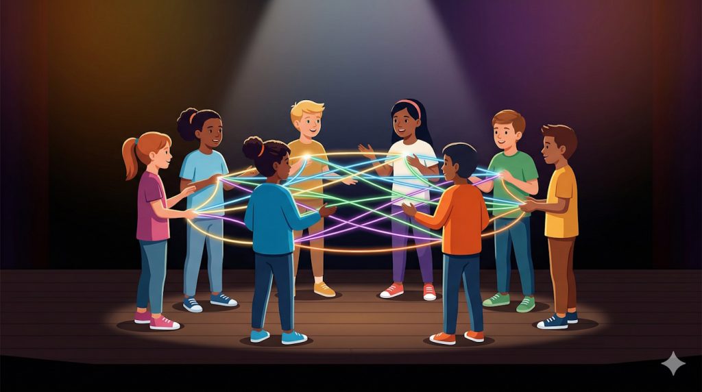 Visual metaphor showing a group of children standing in a circle on a stage, connected by colorful lines of light representing the skills they develop in acting classes for kids