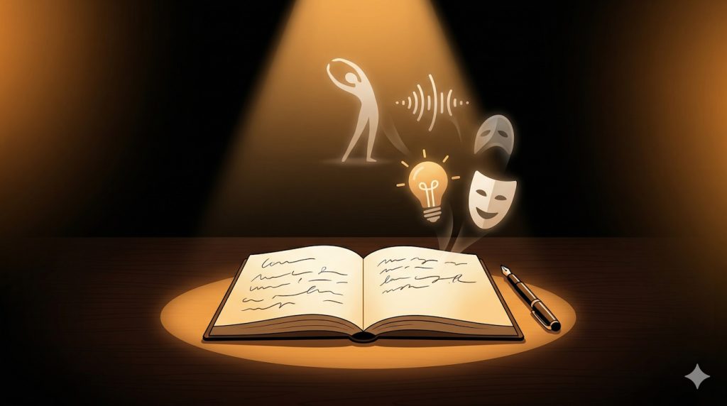Conceptual illustration of a notebook with a pen beside a warm spotlight, representing the exercise journal method for tracking acting practice effectiveness