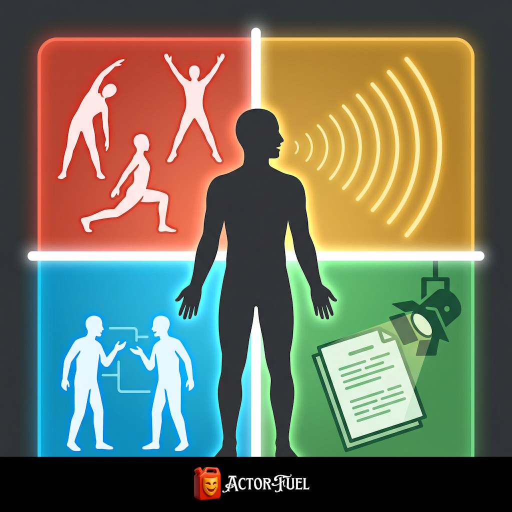 Conceptual illustration of a notebook with a pen beside a warm spotlight, representing the exercise journal method for tracking acting practice effectiveness