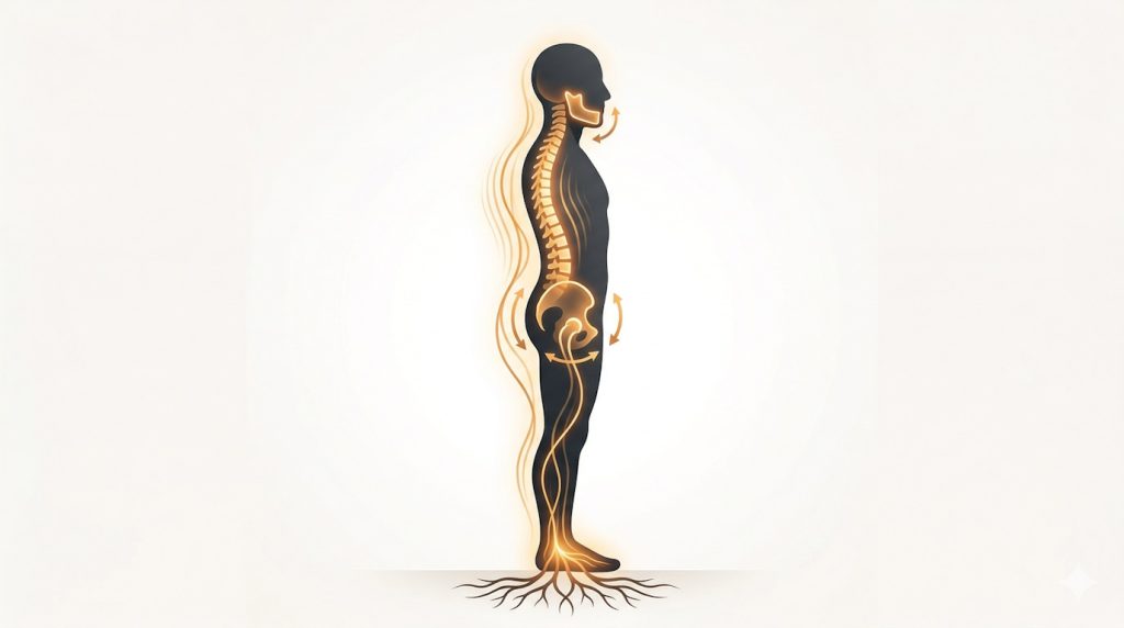 Visual metaphor showing an actor’s silhouette with highlighted areas representing physical warm-up zones: spine, hips, jaw, and feet
