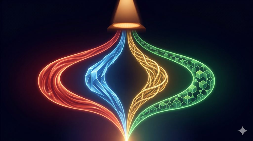 Visual metaphor showing four distinct pathways converging on a single stage, each path illuminated in a different color representing the major acting methods