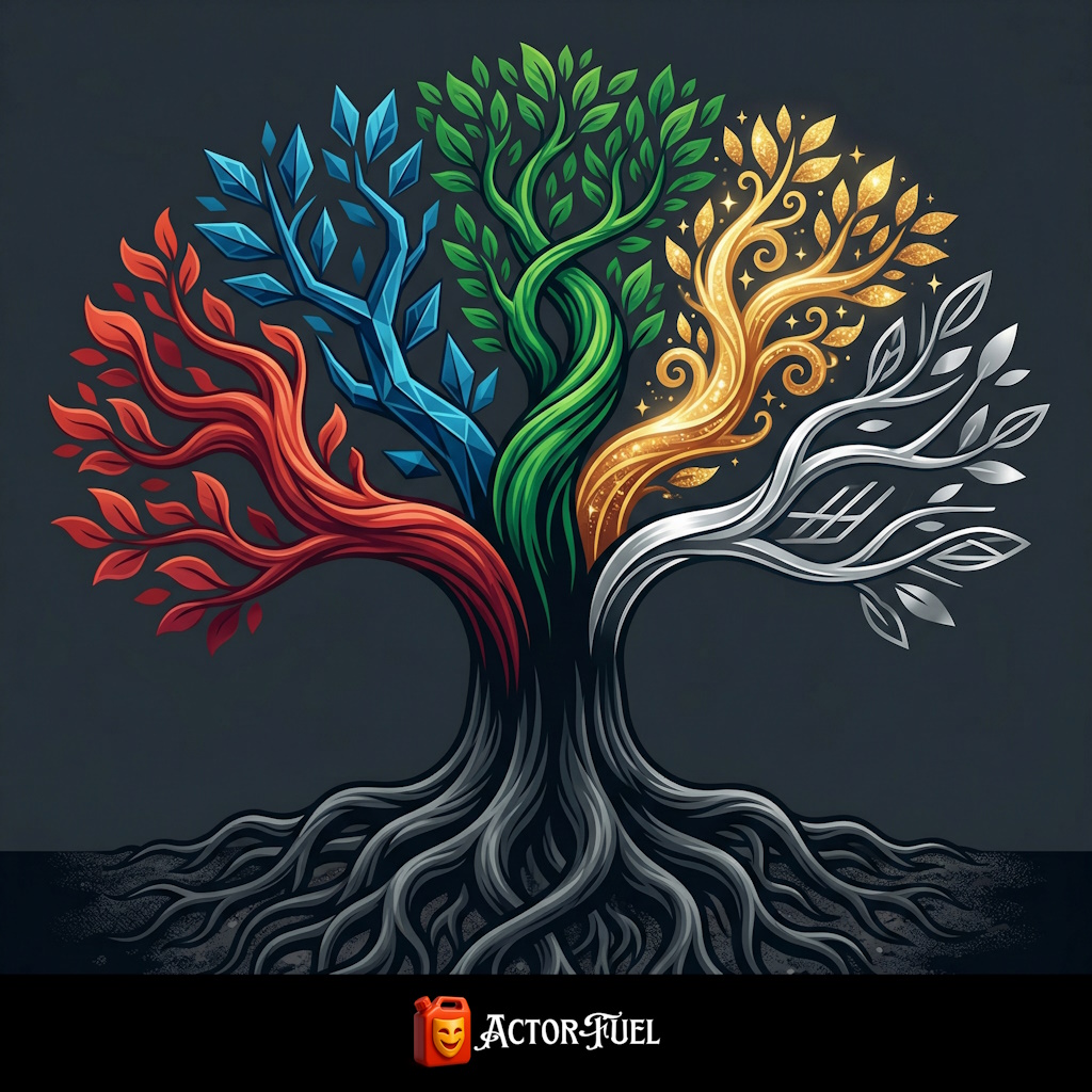 Conceptual illustration of a tree with roots labeled Stanislavski and branches representing Meisner, Adler, Chekhov, and Strasberg acting methods