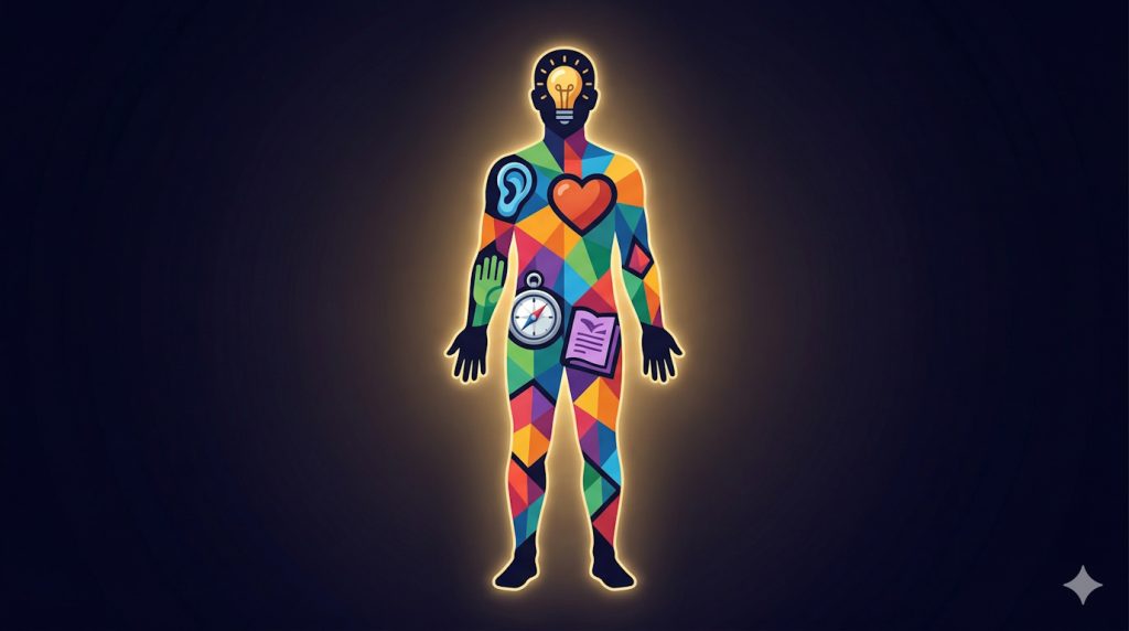 Conceptual illustration of an actor’s silhouette filled with a mosaic of tools and techniques drawn from multiple acting traditions