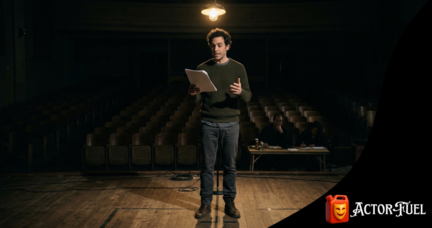 Actor reading from a script under a spotlight on a bare community theater stage during an audition
