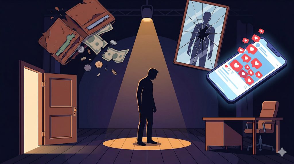 Visual metaphor showing five interconnected risk factors surrounding an actor’s silhouette, representing the unique pressures on actor mental health