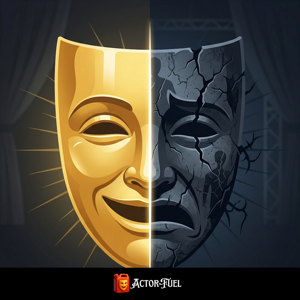 Conceptual illustration of a theater mask split in half — one side bright and performing, the other side dark and cracking — representing the hidden mental health struggles of actors
