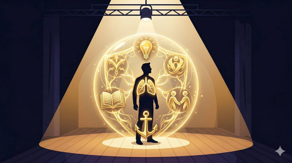 Conceptual illustration of an actor standing in a spotlight with a shield made of practical tools — breath, journal, connection — representing mental resilience strategies