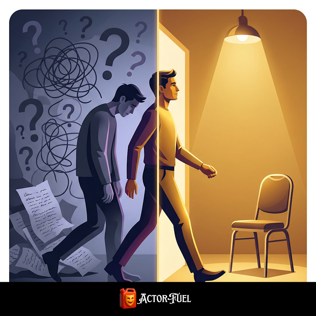 Conceptual illustration of an actor stepping through a doorway from shadow into spotlight, representing the moment of walking into an audition for the first time