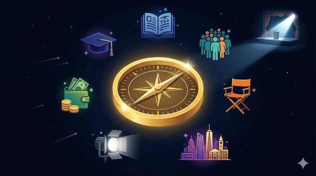 Visual metaphor showing a compass surrounded by acting training elements like scripts, spotlights, and masks, representing the decision framework for choosing an acting school