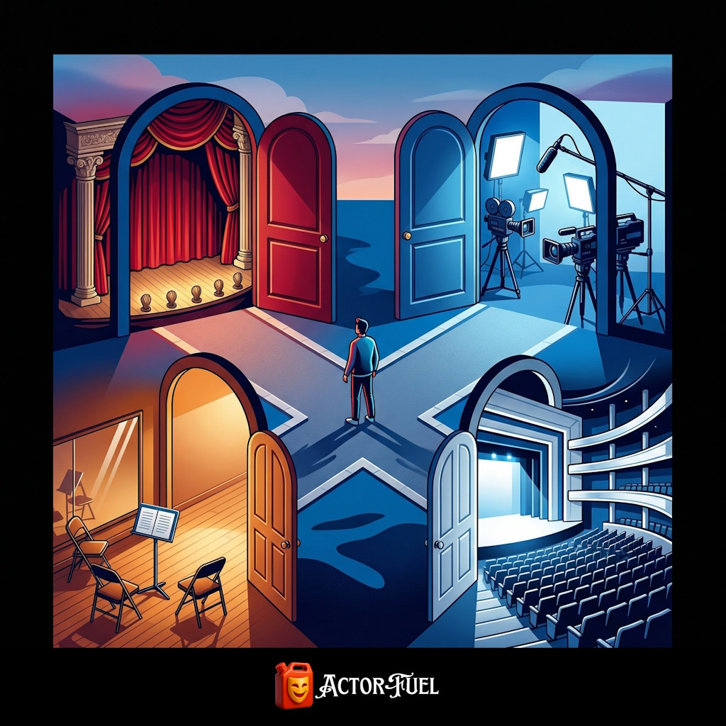 Conceptual illustration of multiple doors each leading to a different acting school environment, representing the choice actors face