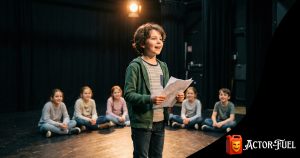 Young child performing on a spotlit stage with arms open, face full of joy, during a kids acting class showcase