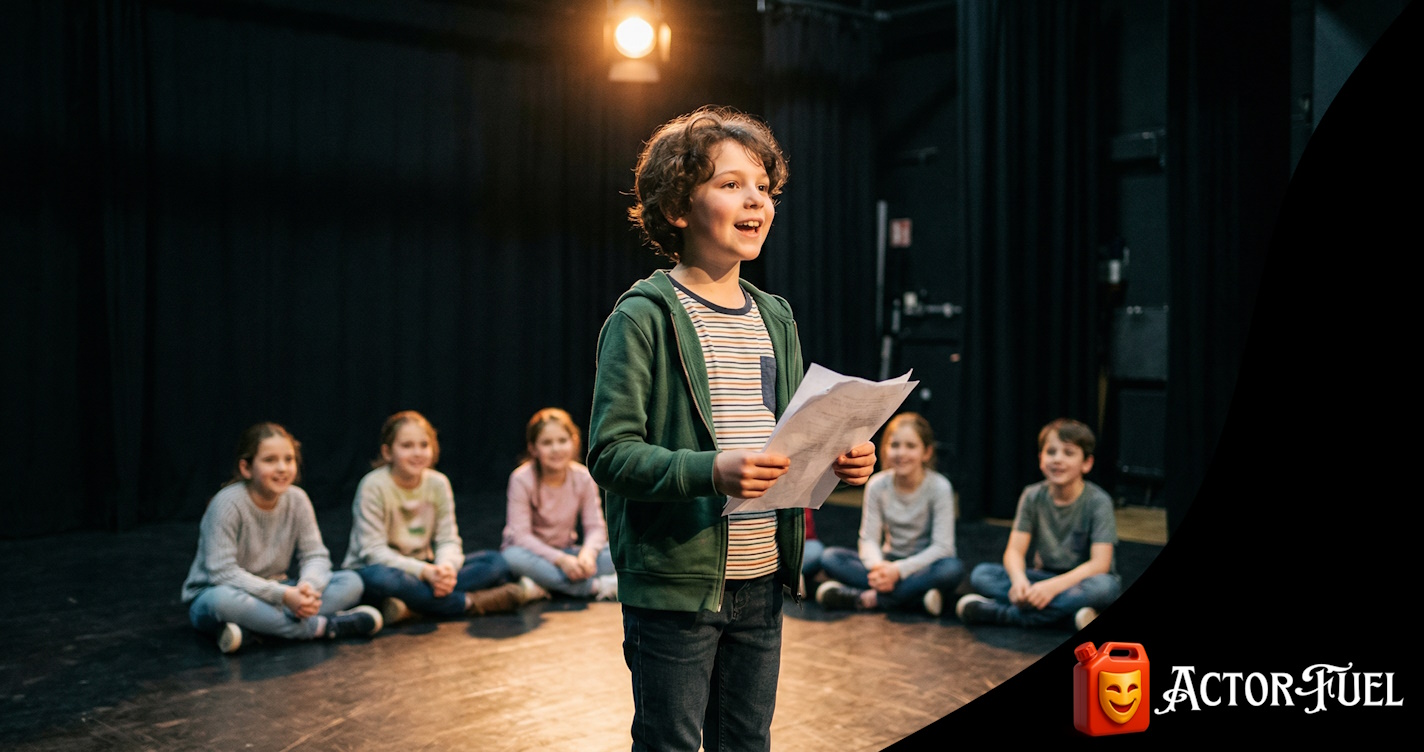 Young child performing on a spotlit stage with arms open, face full of joy, during a kids acting class showcase