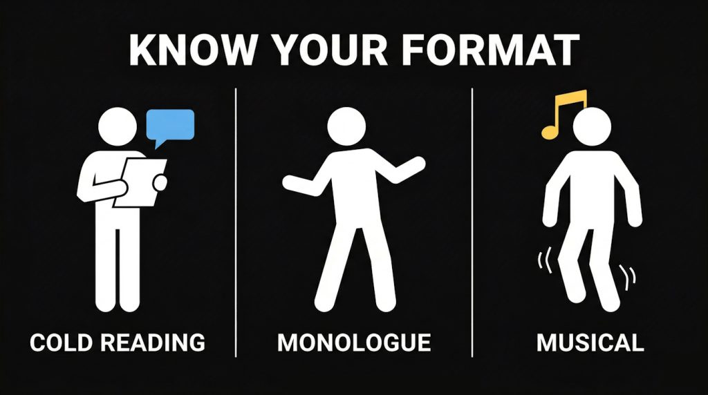 Conceptual illustration comparing three audition formats side by side — cold reading, monologue, and musical — for community theater auditions