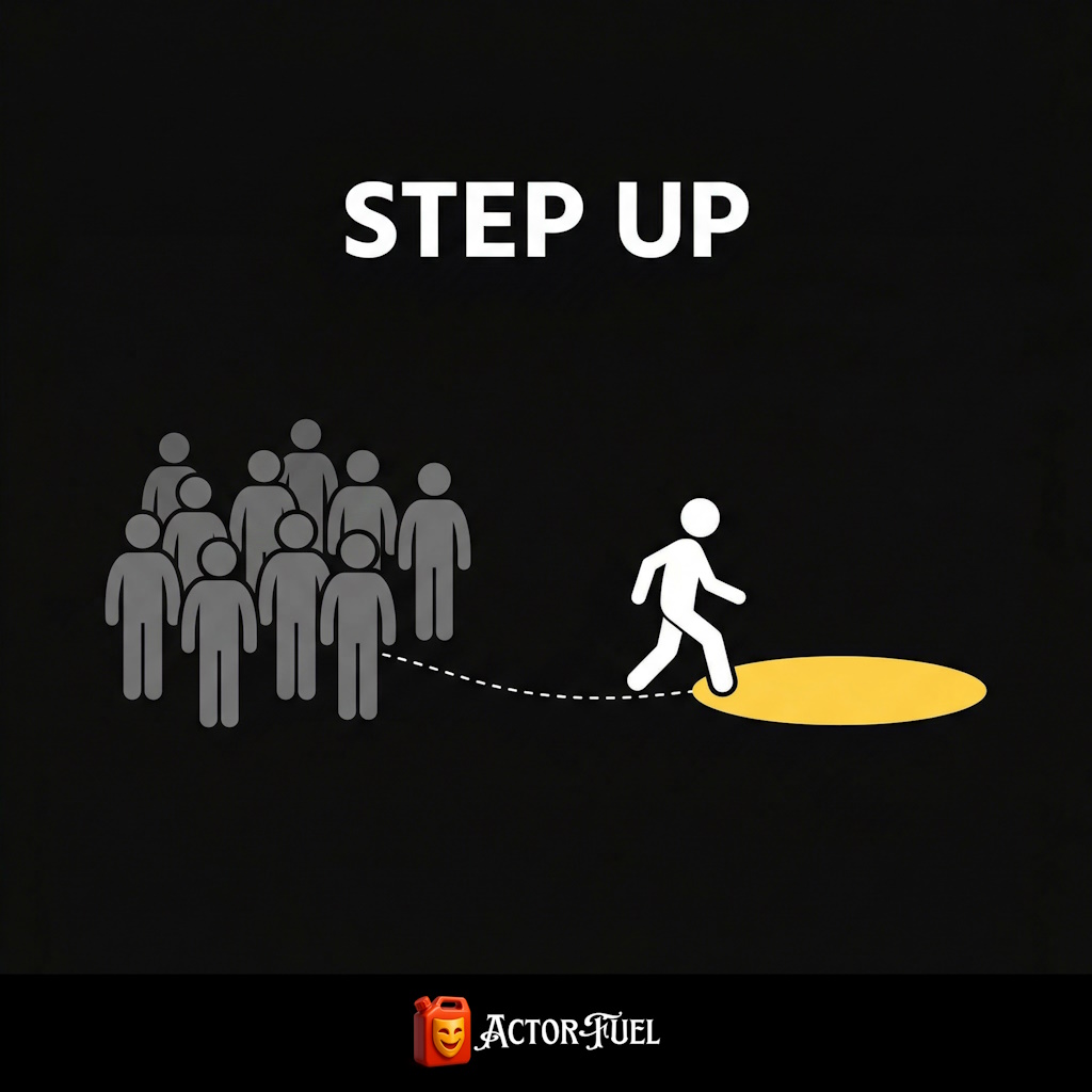 Conceptual illustration of a stick figure stepping from a crowd into a spotlight on a stage, representing community theater auditions