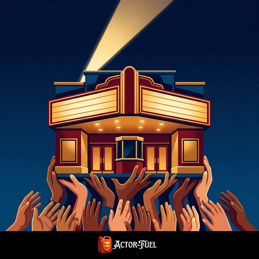 Conceptual illustration of theater curtains opening to reveal stacks of coins and community hands reaching toward a spotlight, representing community theater fundraising
