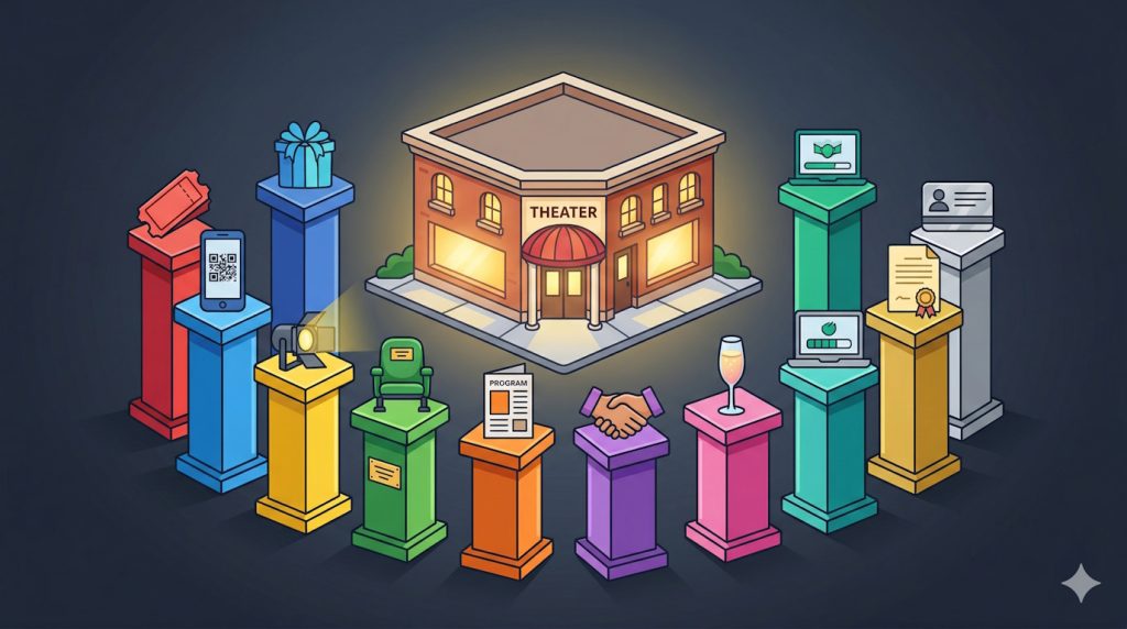 Visual metaphor showing a theater building supported by pillars labeled with fundraising strategies like sponsorships, grants, donations, and events