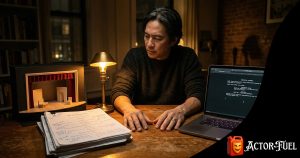 Playwright working at a desk with script pages and a small theater model, warm spotlight illuminating the workspace