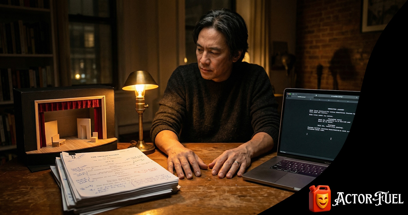 Playwright working at a desk with script pages and a small theater model, warm spotlight illuminating the workspace
