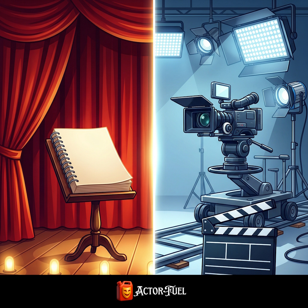 Conceptual illustration showing a split image — left side a theater stage with curtains, right side a film camera and clapboard — representing the difference between playwright and screenwriter
