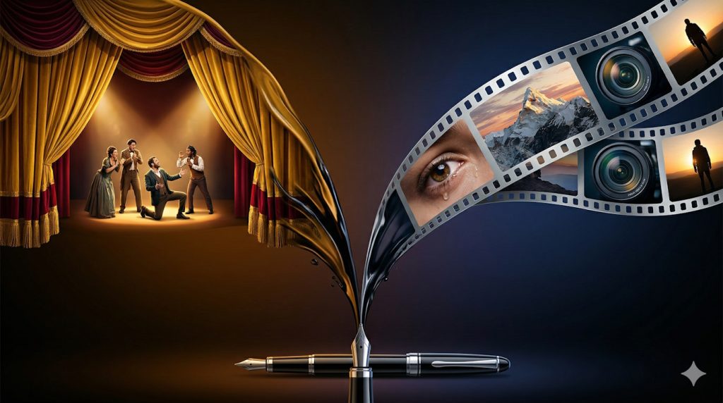Visual metaphor showing two parallel paths diverging from a single pen — one leading to a theater stage, the other to a film screen — illustrating the creative fork between playwriting and screenwriting